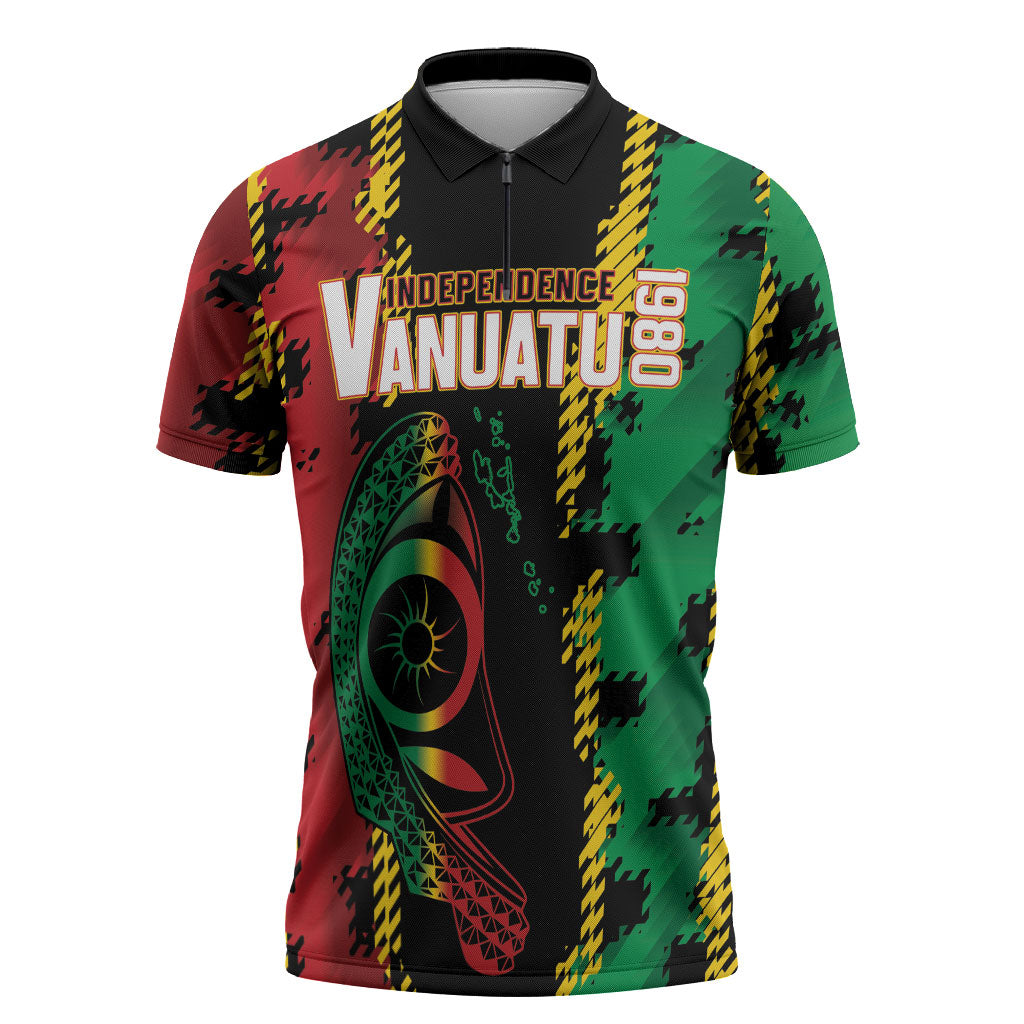 Vanuatu 46th Year Anniversary Zipper Polo Shirt Tamtam Slit Drums Long God Yumi Stanap LT9 Black - Polynesian Pride