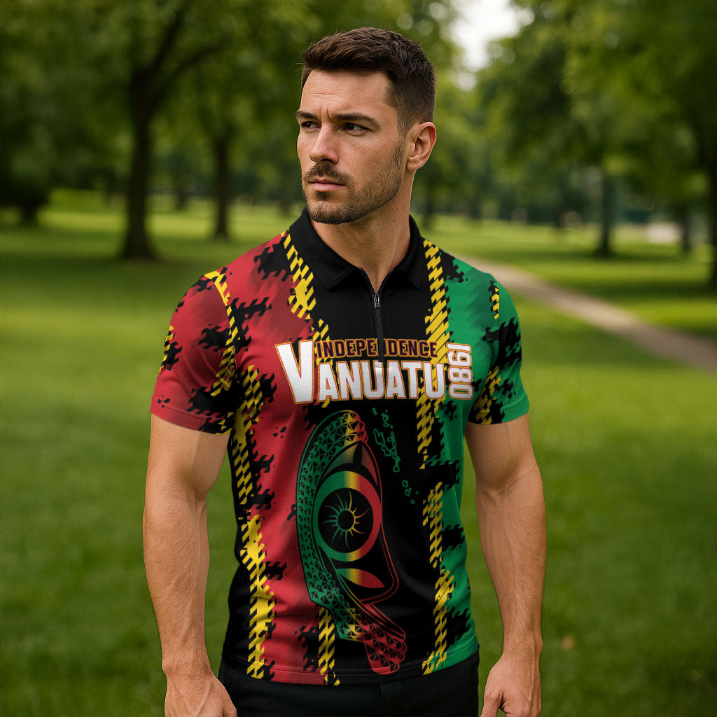 Vanuatu 46th Year Anniversary Zipper Polo Shirt Tamtam Slit Drums Long God Yumi Stanap LT9 - Polynesian Pride