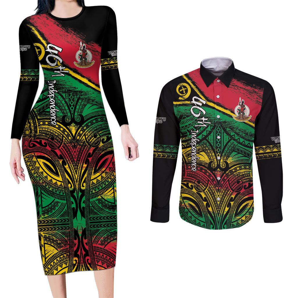 Vanuatu 46th Year Anniversary Couples Matching Long Sleeve Bodycon Dress and Long Sleeve Button Shirt Vintage Grunge Vanuatu Flag Heritage LT9 Black - Polynesian Pride