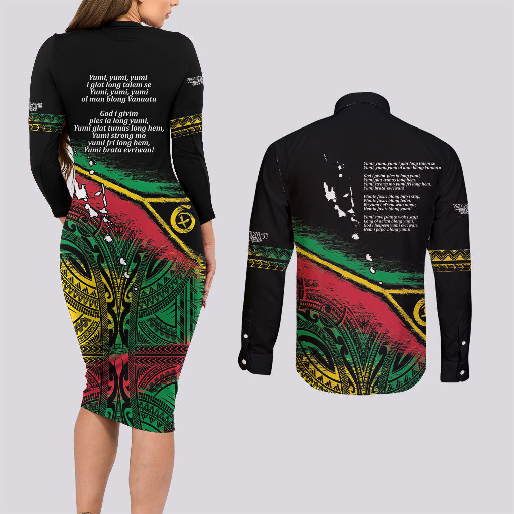 Vanuatu 46th Year Anniversary Couples Matching Long Sleeve Bodycon Dress and Long Sleeve Button Shirt Vintage Grunge Vanuatu Flag Heritage LT9 - Polynesian Pride