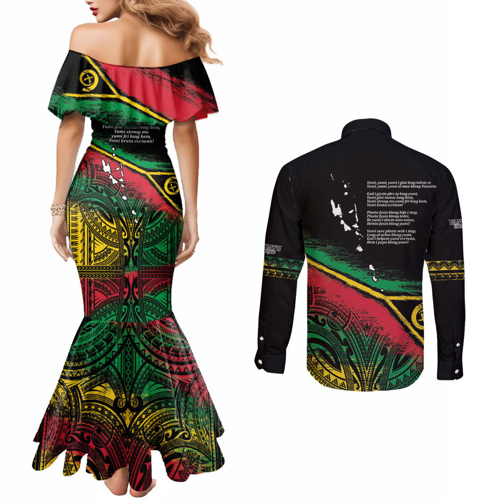Vanuatu 46th Year Anniversary Couples Matching Mermaid Dress and Long Sleeve Button Shirt Vintage Grunge Vanuatu Flag Heritage LT9 - Polynesian Pride