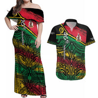 Vanuatu 46th Year Anniversary Couples Matching Off Shoulder Maxi Dress and Hawaiian Shirt Vintage Grunge Vanuatu Flag Heritage LT9 Black - Polynesian Pride