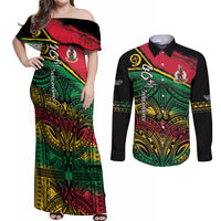 Vanuatu 46th Year Anniversary Couples Matching Off Shoulder Maxi Dress and Long Sleeve Button Shirt Vintage Grunge Vanuatu Flag Heritage LT9 Black - Polynesian Pride