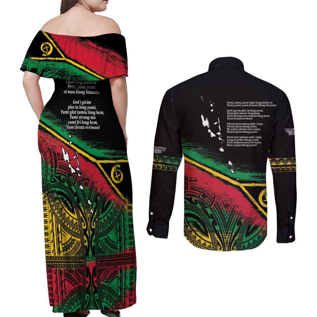 Vanuatu 46th Year Anniversary Couples Matching Off Shoulder Maxi Dress and Long Sleeve Button Shirt Vintage Grunge Vanuatu Flag Heritage LT9 - Polynesian Pride