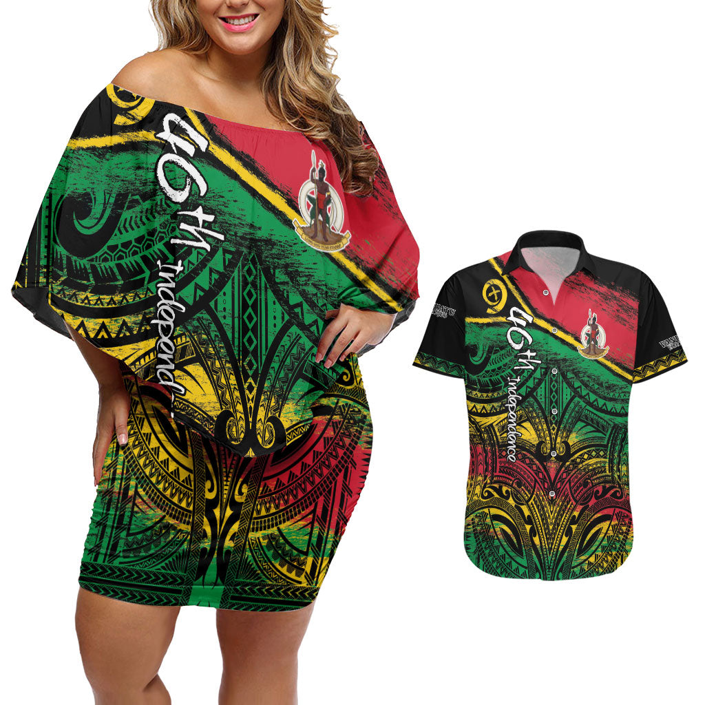 Vanuatu 46th Year Anniversary Couples Matching Off Shoulder Short Dress and Hawaiian Shirt Vintage Grunge Vanuatu Flag Heritage
