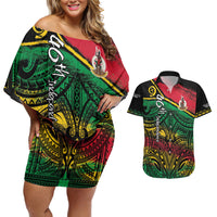 Vanuatu 46th Year Anniversary Couples Matching Off Shoulder Short Dress and Hawaiian Shirt Vintage Grunge Vanuatu Flag Heritage LT9 Black - Polynesian Pride