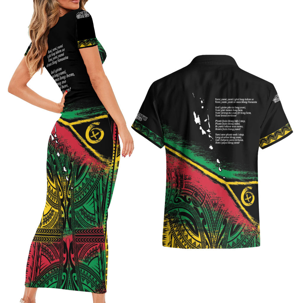 Vanuatu 46th Year Anniversary Couples Matching Short Sleeve Bodycon Dress and Hawaiian Shirt Vintage Grunge Vanuatu Flag Heritage LT9 - Polynesian Pride