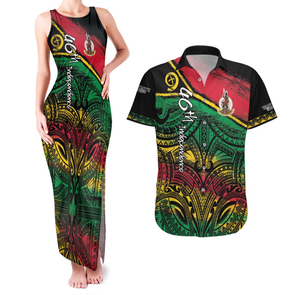 Vanuatu 46th Year Anniversary Couples Matching Tank Maxi Dress and Hawaiian Shirt Vintage Grunge Vanuatu Flag Heritage LT9 Black - Polynesian Pride
