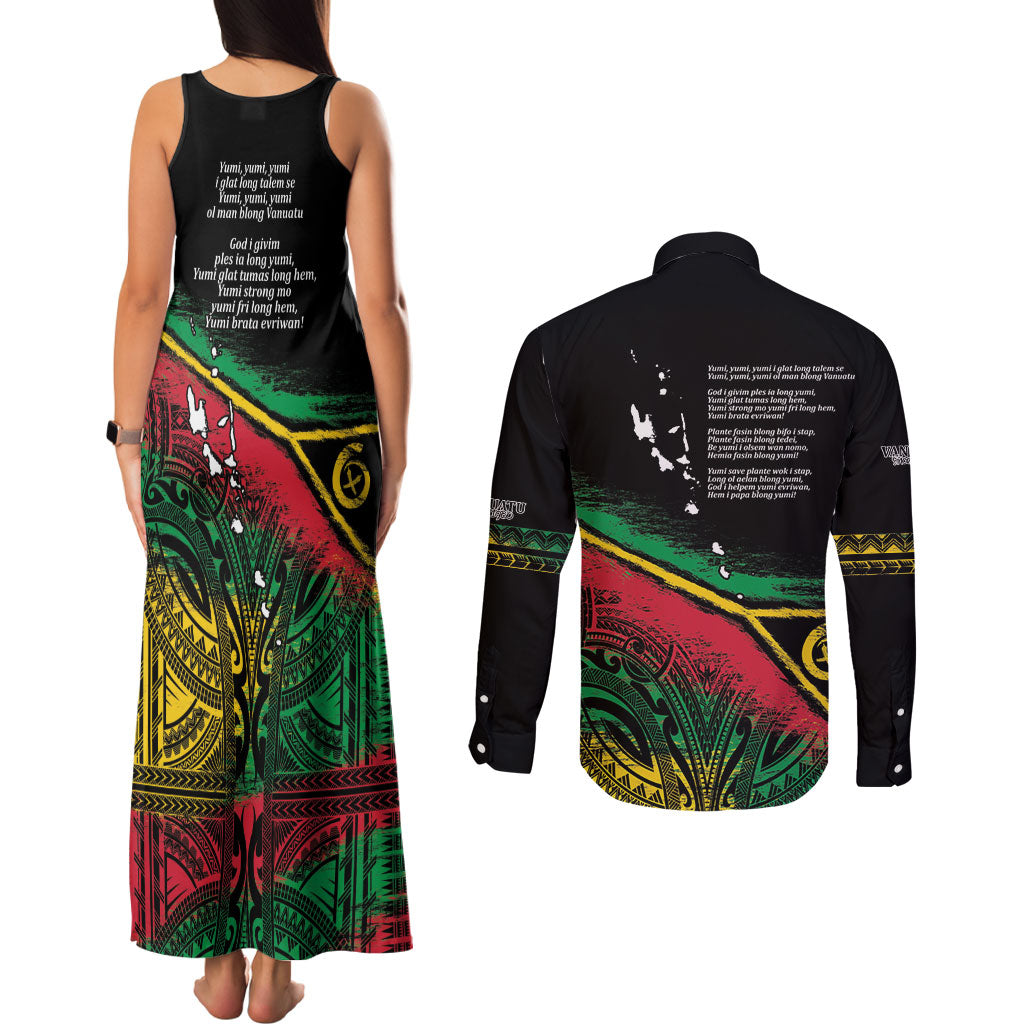 Vanuatu 46th Year Anniversary Couples Matching Tank Maxi Dress and Long Sleeve Button Shirt Vintage Grunge Vanuatu Flag Heritage LT9 - Polynesian Pride