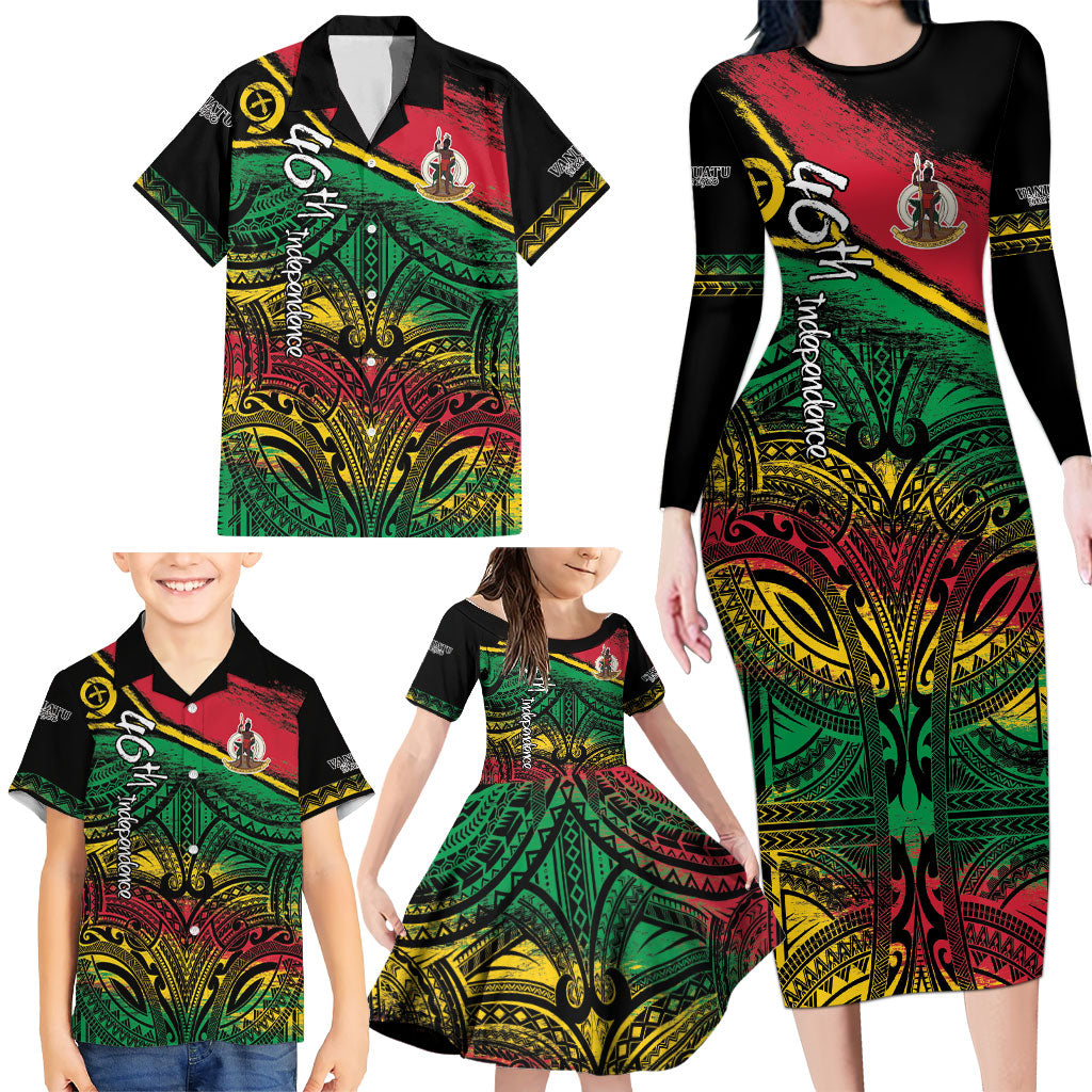 Vanuatu 46th Year Anniversary Family Matching Long Sleeve Bodycon Dress and Hawaiian Shirt Vintage Grunge Vanuatu Flag Heritage LT9 - Polynesian Pride