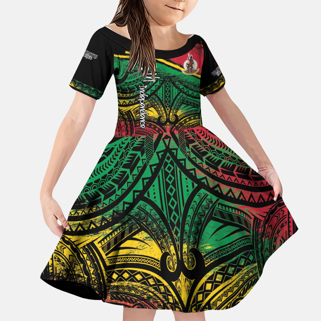 Vanuatu 46th Year Anniversary Family Matching Off The Shoulder Long Sleeve Dress and Hawaiian Shirt Vintage Grunge Vanuatu Flag Heritage LT9 Daughter's Dress Black - Polynesian Pride