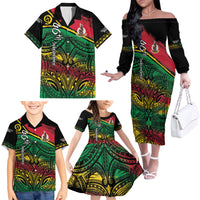 Vanuatu 46th Year Anniversary Family Matching Off The Shoulder Long Sleeve Dress and Hawaiian Shirt Vintage Grunge Vanuatu Flag Heritage LT9 - Polynesian Pride