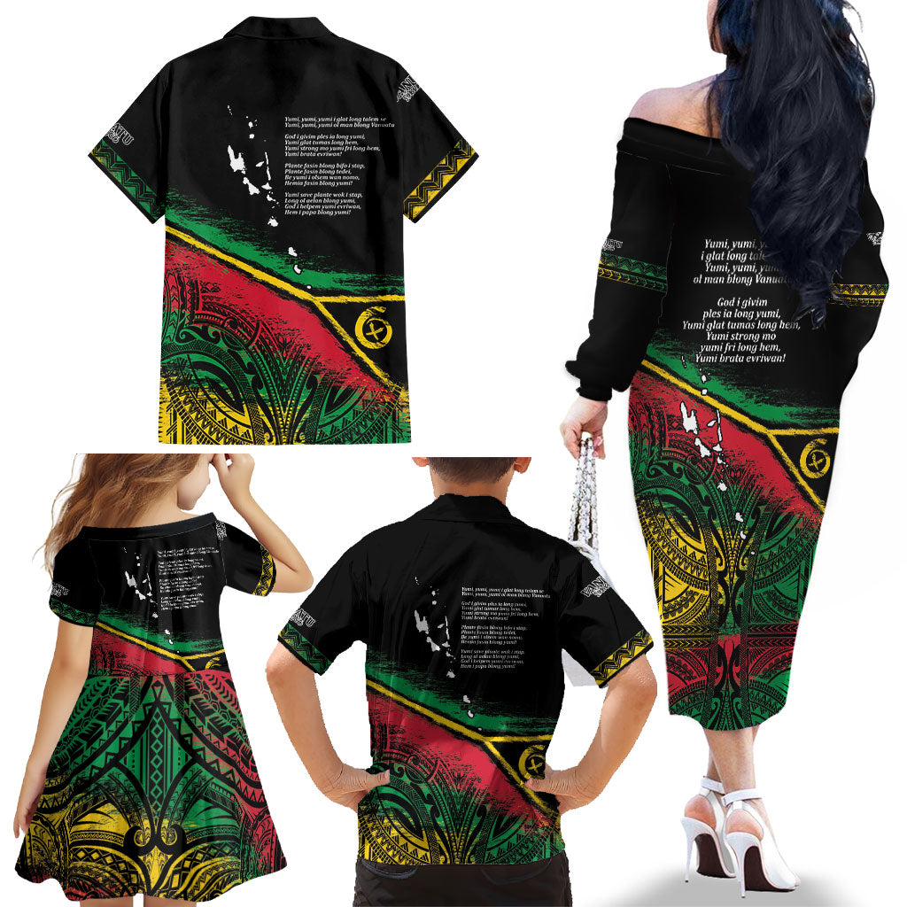 Vanuatu 46th Year Anniversary Family Matching Off The Shoulder Long Sleeve Dress and Hawaiian Shirt Vintage Grunge Vanuatu Flag Heritage LT9 - Polynesian Pride
