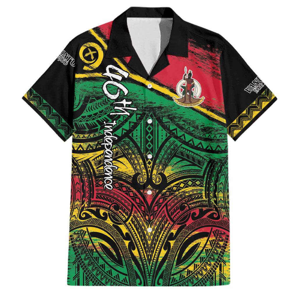 Vanuatu 46th Year Anniversary Family Matching Off The Shoulder Long Sleeve Dress and Hawaiian Shirt Vintage Grunge Vanuatu Flag Heritage LT9 Dad's Shirt - Short Sleeve Black - Polynesian Pride