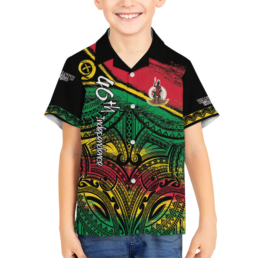 Vanuatu 46th Year Anniversary Family Matching Off The Shoulder Long Sleeve Dress and Hawaiian Shirt Vintage Grunge Vanuatu Flag Heritage LT9 Son's Shirt Black - Polynesian Pride