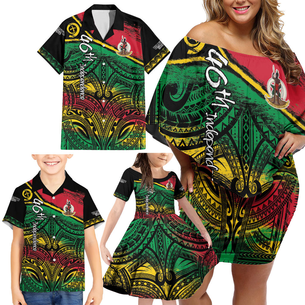 Vanuatu 46th Year Anniversary Family Matching Off Shoulder Short Dress and Hawaiian Shirt Vintage Grunge Vanuatu Flag Heritage LT9 - Polynesian Pride