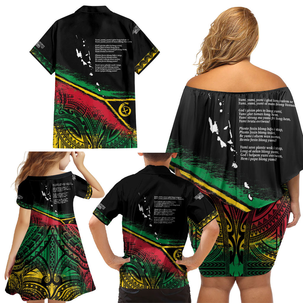 Vanuatu 46th Year Anniversary Family Matching Off Shoulder Short Dress and Hawaiian Shirt Vintage Grunge Vanuatu Flag Heritage LT9 - Polynesian Pride