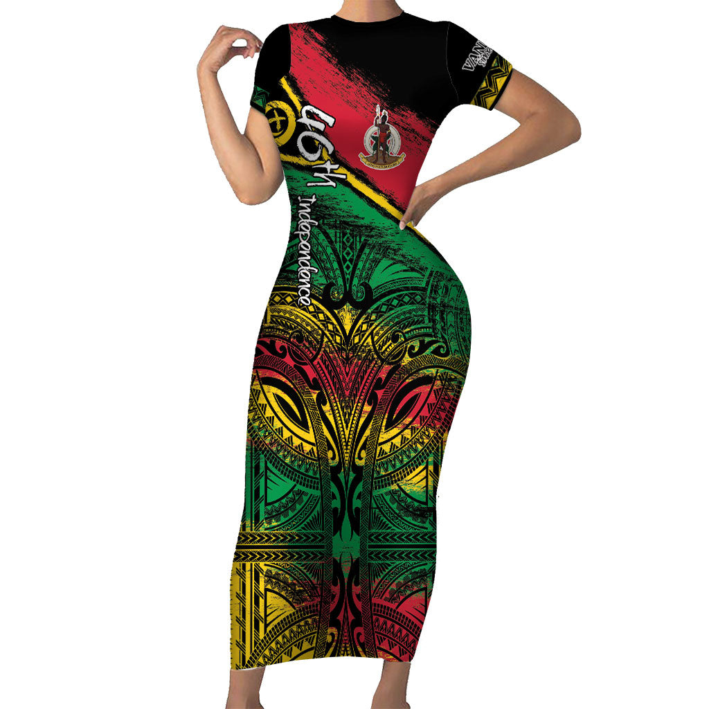 Vanuatu 46th Year Anniversary Family Matching Short Sleeve Bodycon Dress and Hawaiian Shirt Vintage Grunge Vanuatu Flag Heritage LT9 Mom's Dress Black - Polynesian Pride