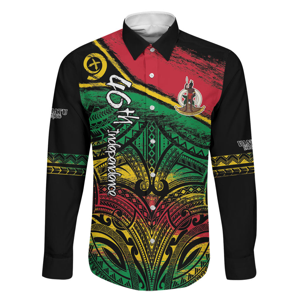 Vanuatu 46th Year Anniversary Family Matching Tank Maxi Dress and Hawaiian Shirt Vintage Grunge Vanuatu Flag Heritage LT9 Dad's Shirt - Long Sleeve Black - Polynesian Pride