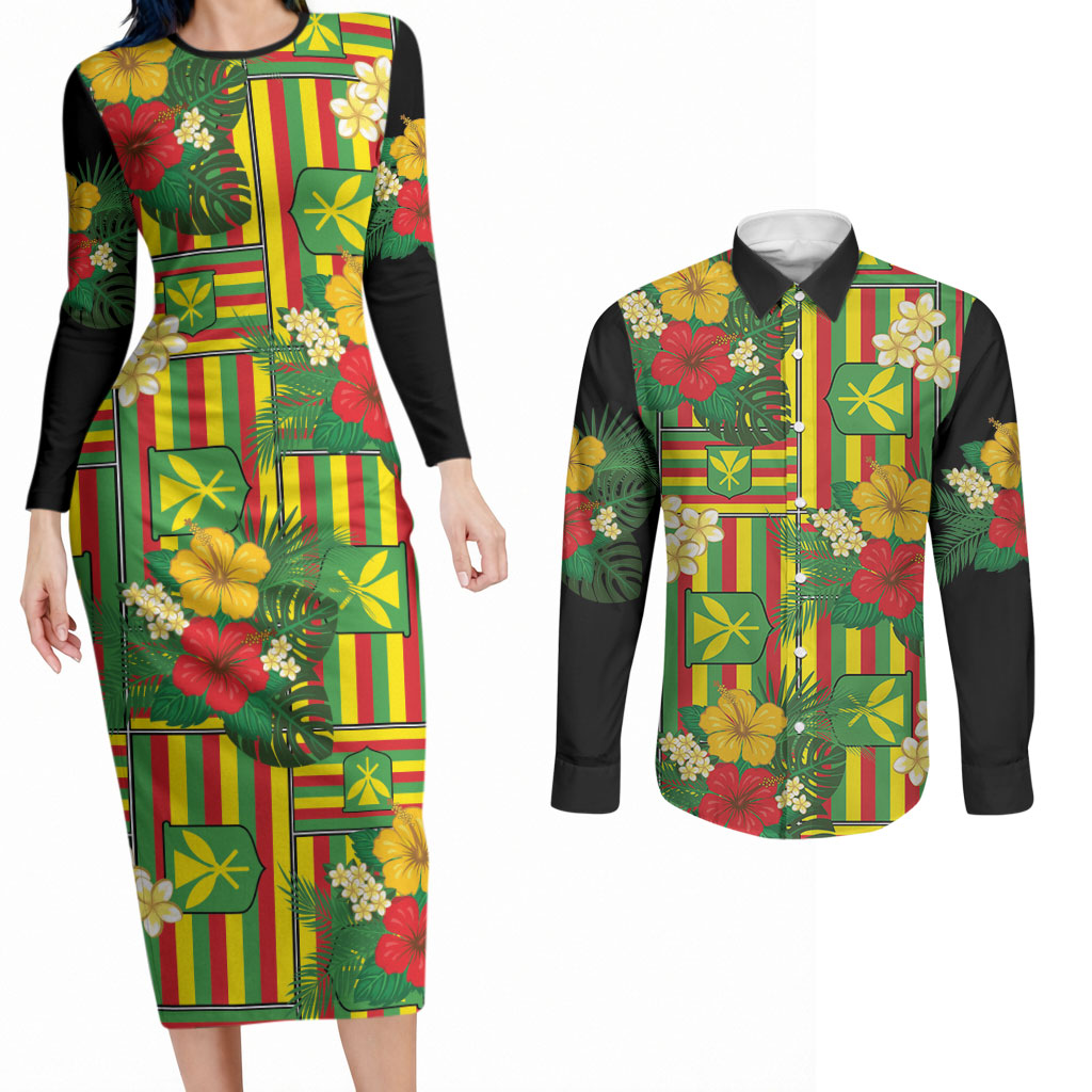 Hawaii Kanaka Maoli Hibiscus Couples Matching Long Sleeve Bodycon Dress and Long Sleeve Button Shirt Hawaiian Flag Motif LT9 Green - Polynesian Pride