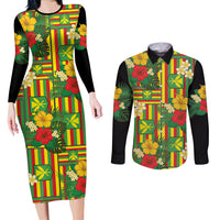 Hawaii Kanaka Maoli Hibiscus Couples Matching Long Sleeve Bodycon Dress and Long Sleeve Button Shirt Hawaiian Flag Motif LT9 Green - Polynesian Pride