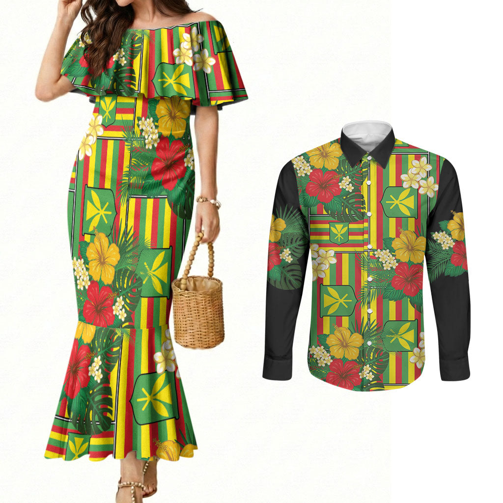 Hawaii Kanaka Maoli Hibiscus Couples Matching Mermaid Dress and Long Sleeve Button Shirt Hawaiian Flag Motif LT9 Green - Polynesian Pride