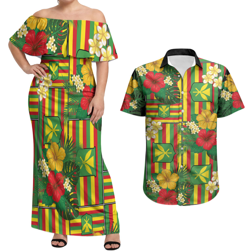 Hawaii Kanaka Maoli Hibiscus Couples Matching Off Shoulder Maxi Dress and Hawaiian Shirt Hawaiian Flag Motif LT9 Green - Polynesian Pride