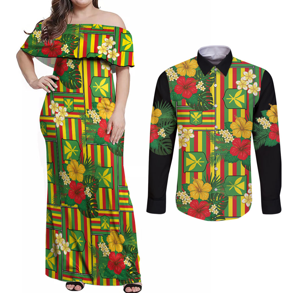 Hawaii Kanaka Maoli Hibiscus Couples Matching Off Shoulder Maxi Dress and Long Sleeve Button Shirt Hawaiian Flag Motif LT9 Green - Polynesian Pride