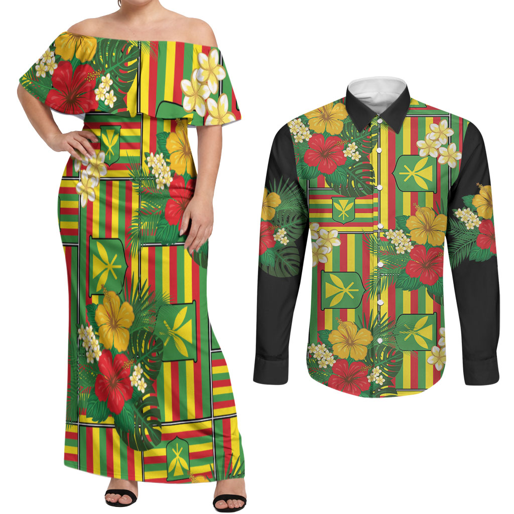 Hawaii Kanaka Maoli Hibiscus Couples Matching Off Shoulder Maxi Dress and Long Sleeve Button Shirt Hawaiian Flag Motif LT9 Green - Polynesian Pride