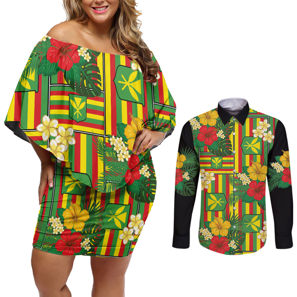 Hawaii Kanaka Maoli Hibiscus Couples Matching Off Shoulder Short Dress and Long Sleeve Button Shirt Hawaiian Flag Motif LT9 Green - Polynesian Pride