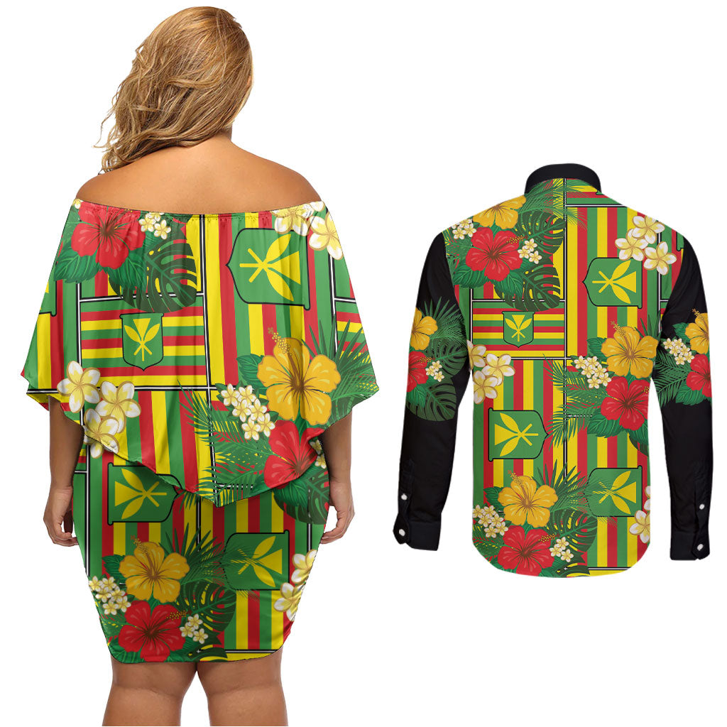 Hawaii Kanaka Maoli Hibiscus Couples Matching Off Shoulder Short Dress and Long Sleeve Button Shirt Hawaiian Flag Motif LT9 - Polynesian Pride