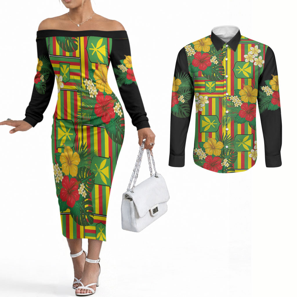 Hawaii Kanaka Maoli Hibiscus Couples Matching Off The Shoulder Long Sleeve Dress and Long Sleeve Button Shirt Hawaiian Flag Motif LT9 Green - Polynesian Pride