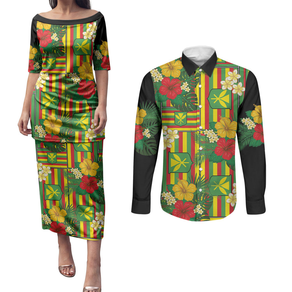 Hawaii Kanaka Maoli Hibiscus Couples Matching Puletasi and Long Sleeve Button Shirt Hawaiian Flag Motif LT9 Green - Polynesian Pride