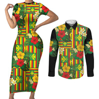 Hawaii Kanaka Maoli Hibiscus Couples Matching Short Sleeve Bodycon Dress and Long Sleeve Button Shirt Hawaiian Flag Motif LT9 Green - Polynesian Pride