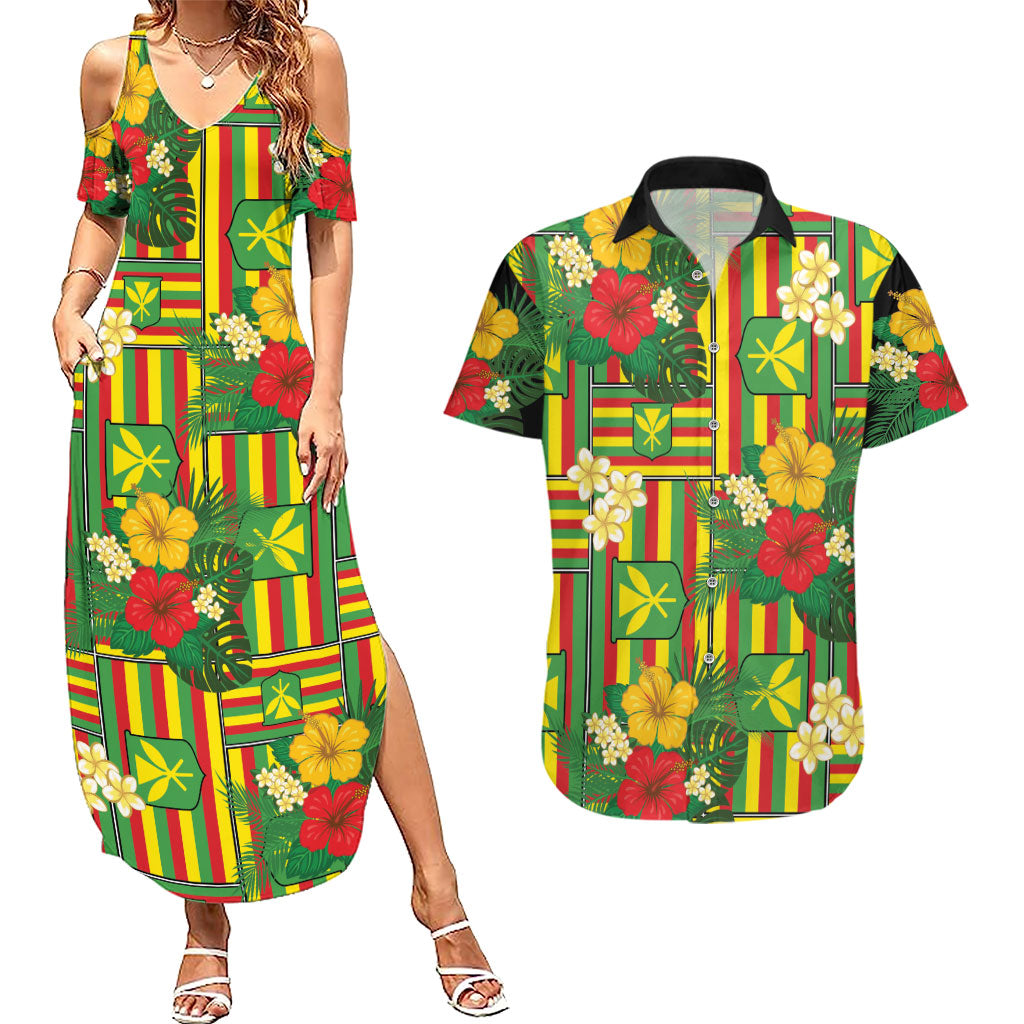 Hawaii Kanaka Maoli Hibiscus Couples Matching Summer Maxi Dress and Hawaiian Shirt Hawaiian Flag Motif LT9 Green - Polynesian Pride
