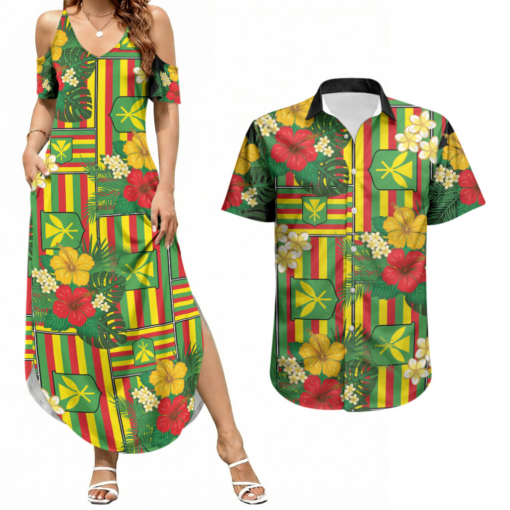 Hawaii Kanaka Maoli Hibiscus Couples Matching Summer Maxi Dress and Hawaiian Shirt Hawaiian Flag Motif LT9 Green - Polynesian Pride