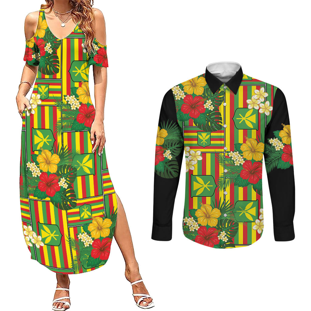 Hawaii Kanaka Maoli Hibiscus Couples Matching Summer Maxi Dress and Long Sleeve Button Shirt Hawaiian Flag Motif LT9 Green - Polynesian Pride
