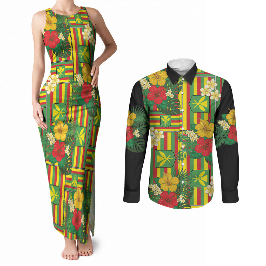 Hawaii Kanaka Maoli Hibiscus Couples Matching Tank Maxi Dress and Long Sleeve Button Shirt Hawaiian Flag Motif LT9 Green - Polynesian Pride