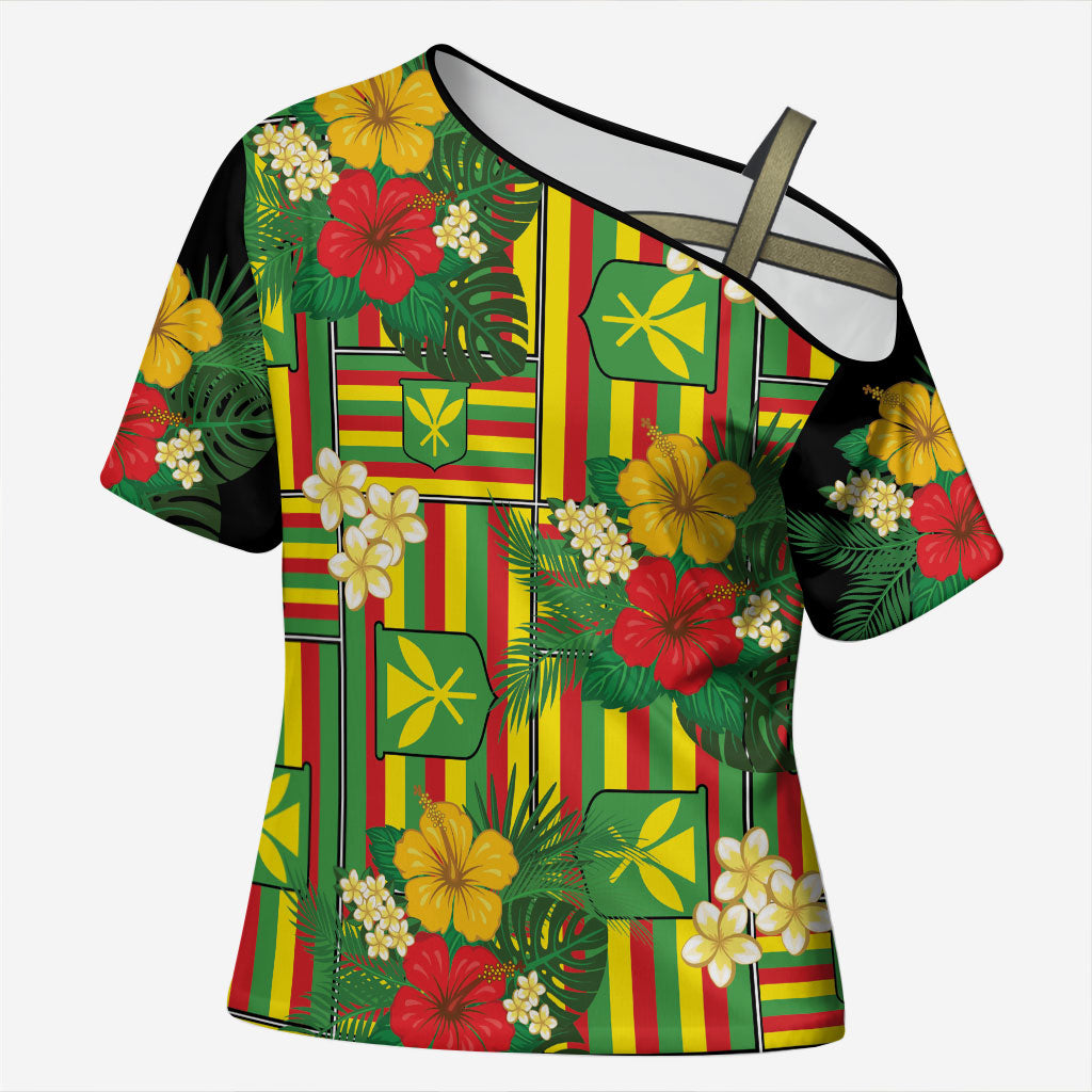 Hawaii Kanaka Maoli Hibiscus Cross Shoulder Shirt Hawaiian Flag Motif LT9 Female Green - Polynesian Pride
