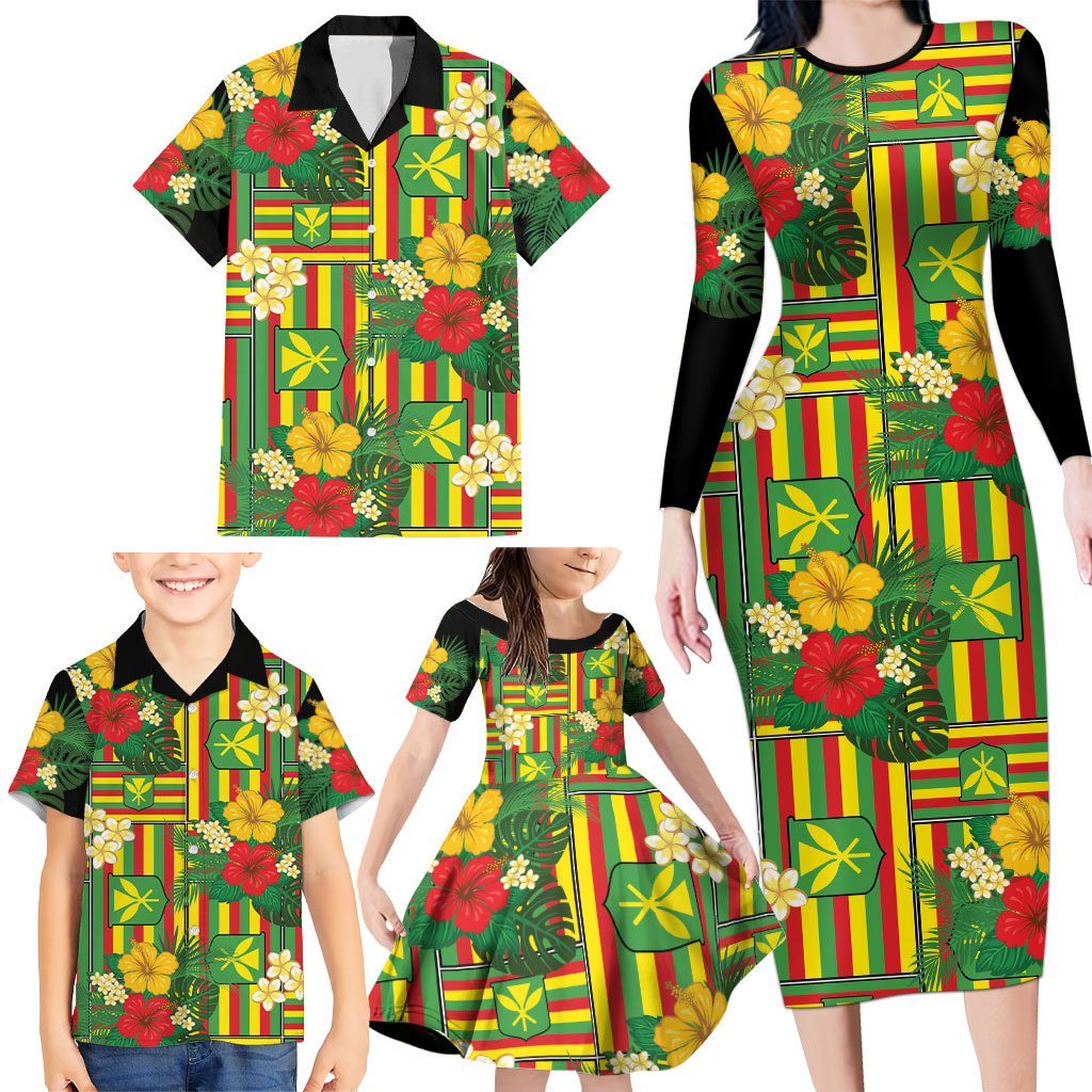 Hawaii Kanaka Maoli Hibiscus Family Matching Long Sleeve Bodycon Dress and Hawaiian Shirt Hawaiian Flag Motif LT9 - Polynesian Pride
