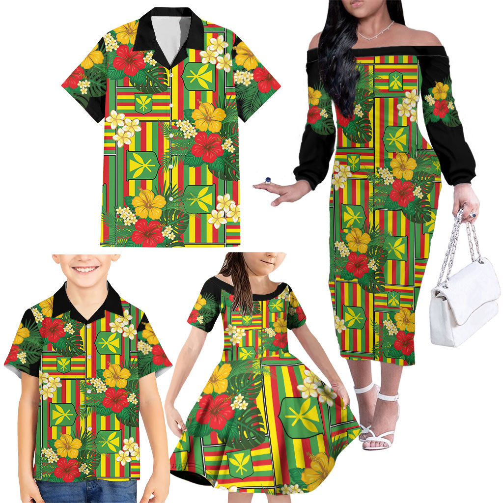 Hawaii Kanaka Maoli Hibiscus Family Matching Off The Shoulder Long Sleeve Dress and Hawaiian Shirt Hawaiian Flag Motif LT9 - Polynesian Pride