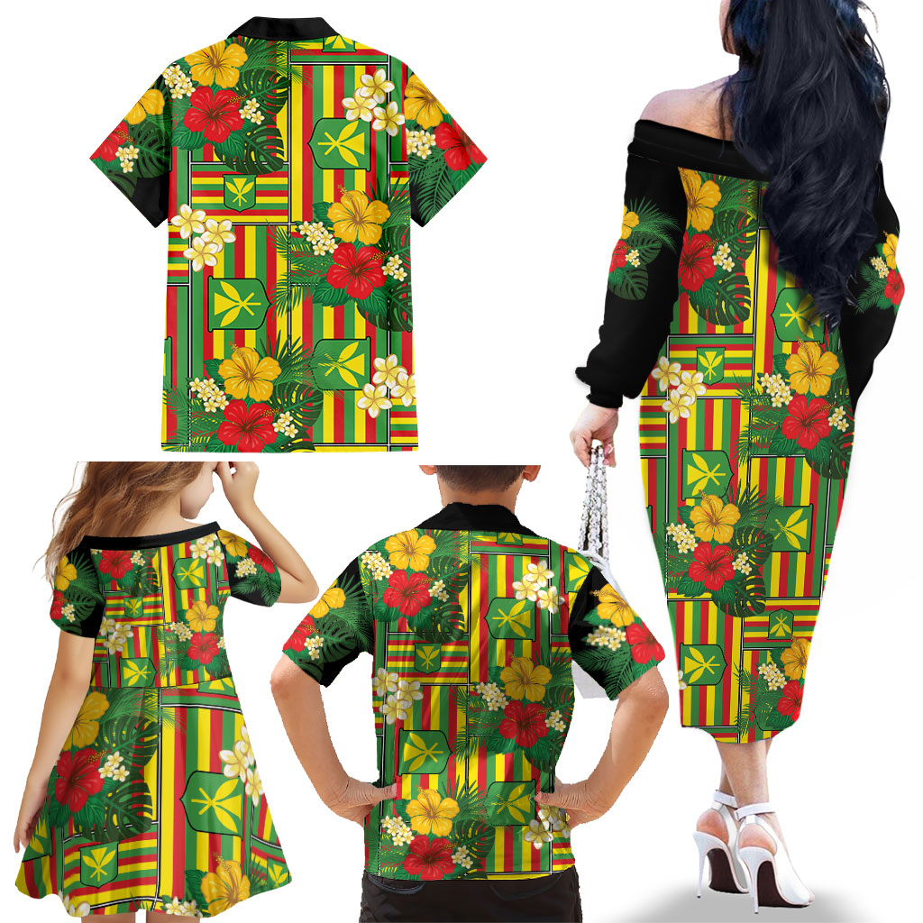 Hawaii Kanaka Maoli Hibiscus Family Matching Off The Shoulder Long Sleeve Dress and Hawaiian Shirt Hawaiian Flag Motif LT9 - Polynesian Pride