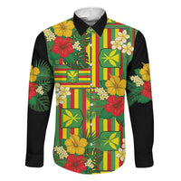Hawaii Kanaka Maoli Hibiscus Family Matching Off The Shoulder Long Sleeve Dress and Hawaiian Shirt Hawaiian Flag Motif LT9 Dad's Shirt - Long Sleeve Green - Polynesian Pride