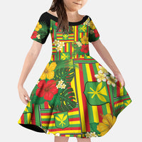 Hawaii Kanaka Maoli Hibiscus Family Matching Short Sleeve Bodycon Dress and Hawaiian Shirt Hawaiian Flag Motif LT9 Daughter's Dress Green - Polynesian Pride