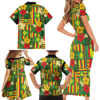 Hawaii Kanaka Maoli Hibiscus Family Matching Short Sleeve Bodycon Dress and Hawaiian Shirt Hawaiian Flag Motif LT9 - Polynesian Pride