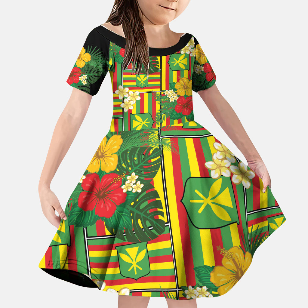 Hawaii Kanaka Maoli Hibiscus Family Matching Tank Maxi Dress and Hawaiian Shirt Hawaiian Flag Motif LT9 Daughter's Dress Green - Polynesian Pride
