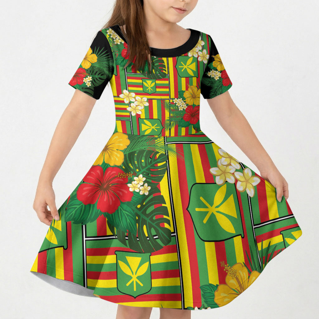 Hawaii Kanaka Maoli Hibiscus Kid Short Sleeve Dress Hawaiian Flag Motif LT9 KID Green - Polynesian Pride