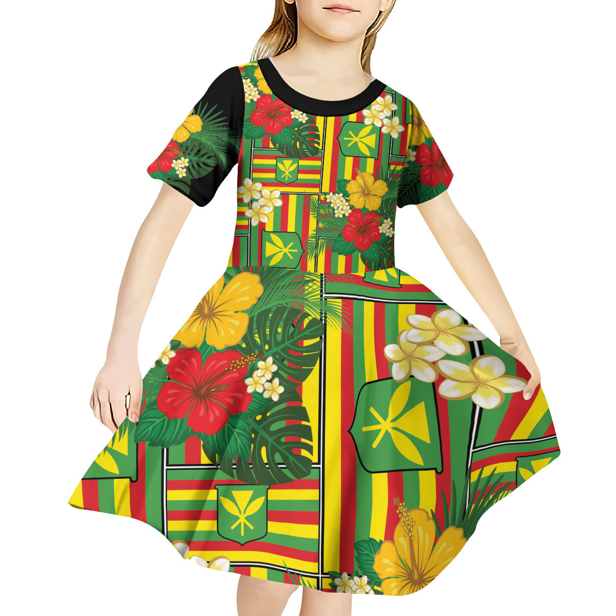 Hawaii Kanaka Maoli Hibiscus Kid Short Sleeve Dress Hawaiian Flag Motif LT9 - Polynesian Pride