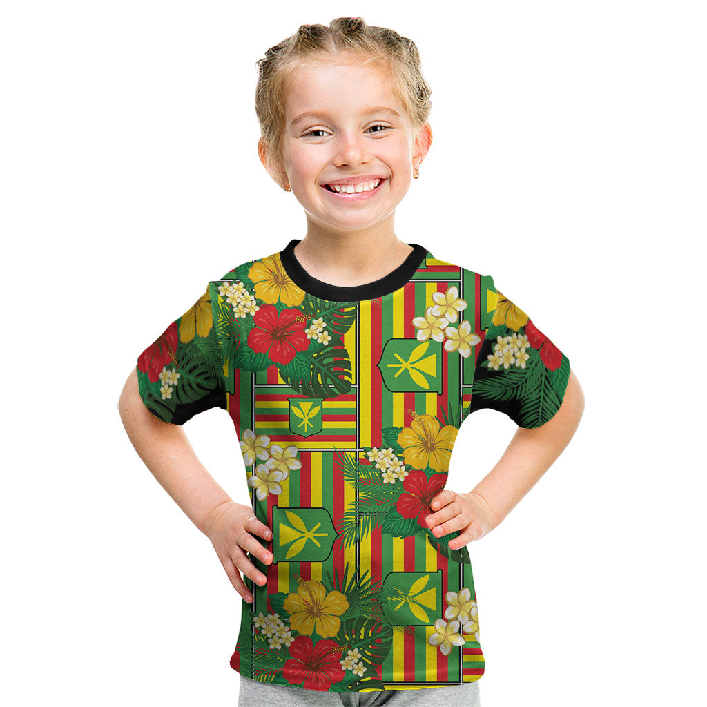 Hawaii Kanaka Maoli Hibiscus Kid T Shirt Hawaiian Flag Motif LT9 Green - Polynesian Pride