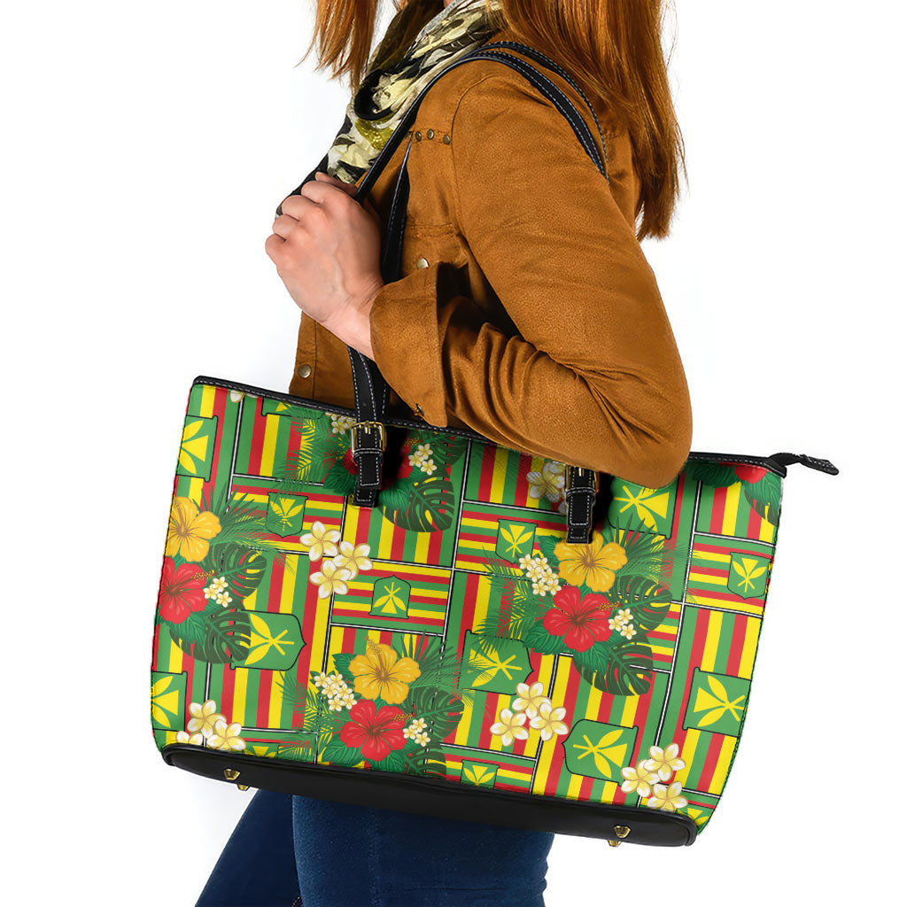 Hawaii Kanaka Maoli Hibiscus Leather Tote Bag Hawaiian Flag Motif LT9 Green - Polynesian Pride